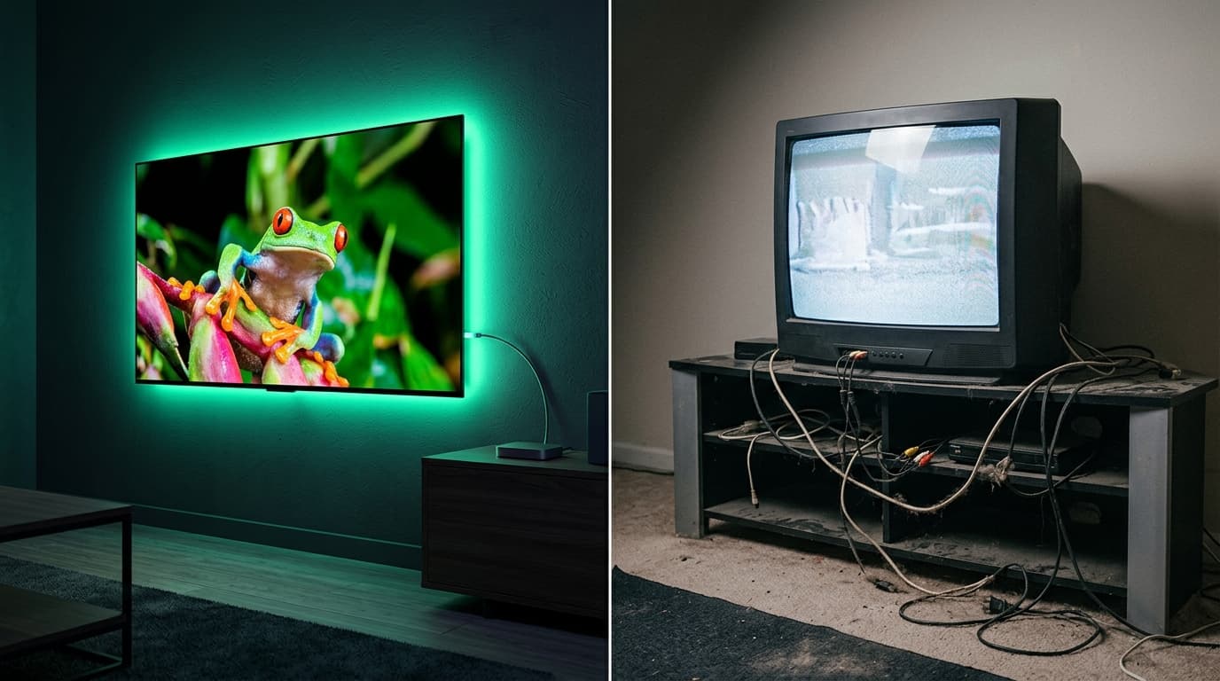 Side-by-side comparison showing modern 4K streaming with vibrant ambient lighting vs outdated cable TV with tangled cords